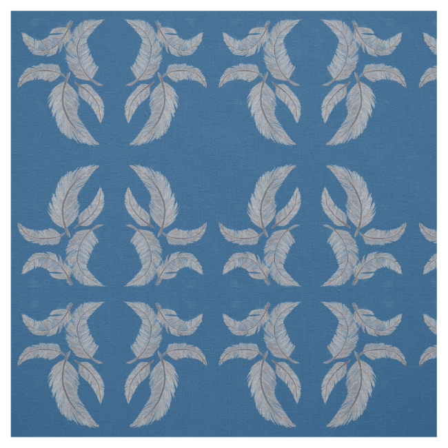 Sketched Feathers on blue Background, Mirrored. Fabric Sketched Feathers on blue Background, Mirrored. Fabric