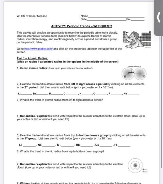 Peridoc Trends Webquest Key / Periodic Table Webquest Worksheets