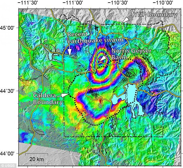 In the map above, a bulls-eye shaped section of uplift can be seen at the Norris Geyser Basin, where the ground has risen roughly 3 inches. And, an elliptical subsidence can be seen in the Yellowstone caldera, with the ground dropping about 1.2 inches