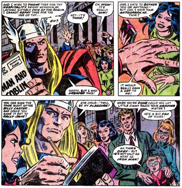 Little does Thor know that girl is actually Loki and the autograph book is a document signing away his part-owenership of Asgard! Bwah-ha-ha-ha!