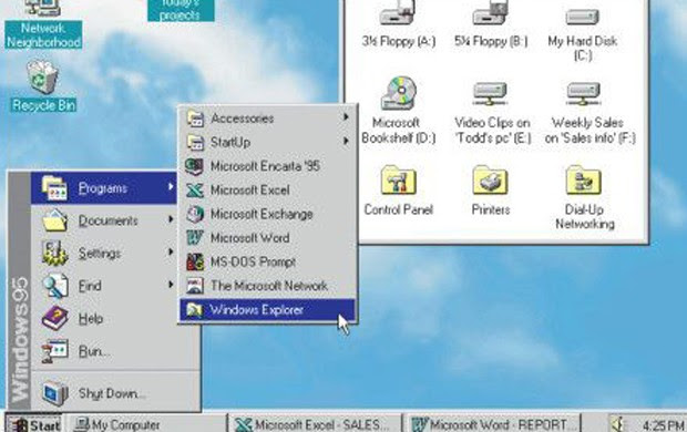O Windows 95 vendeu o número recorde de 7 milhões de cópias nas cinco primeiras semanas. Foi o lançamento mais divulgado da Microsoft até hoje. Foi a era do fax e dos modems, do correio eletrônico, do novo mundo online, jogos multimídia e softwares educativos (Foto: Divulgação/Microsoft) O Windows 95 vendeu o número recorde de 7 milhões de cópias nas cinco primeiras semanas. Foi o lançamento mais divulgado da Microsoft até hoje. Foi a era do fax e dos modems, do correio eletrônico, do novo mundo online, jogos multimídia e softwares educativos (Foto: Divulgação/Microsoft)