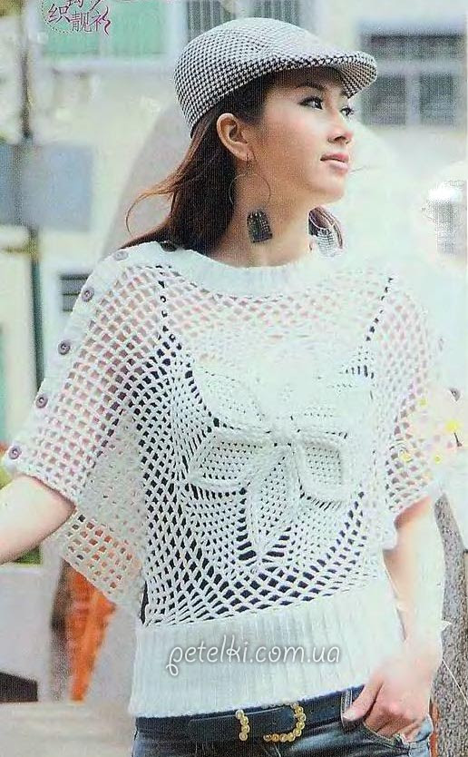 Blusa delicada con un adorno redondo en la parte delantera. Esquema, patrón Blusa delicada con un adorno redondo en la parte delantera. Esquema, patrón