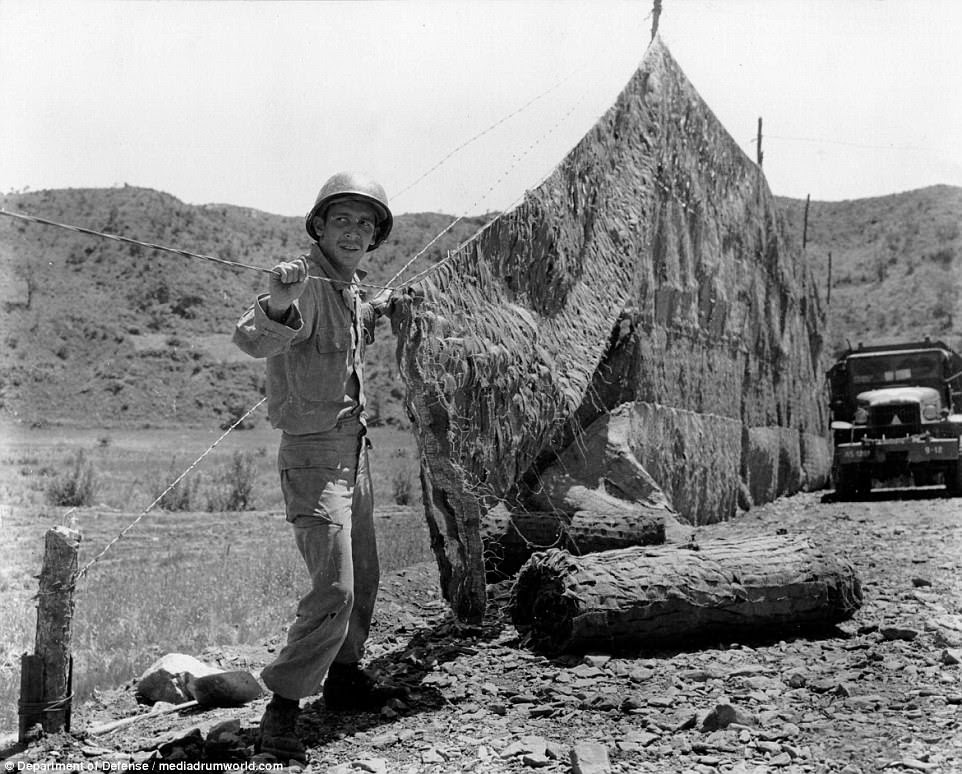 A 120th Engineer Battalion, 45th Infantry Division, soldier erects a comouflage net over a road exposed to the Communist Forces in Korea on June 7, 1952. It is estimated that 103,284 servicemen were wounded during the three-year conflict, and more than 7,800 US troops remain unaccounted for