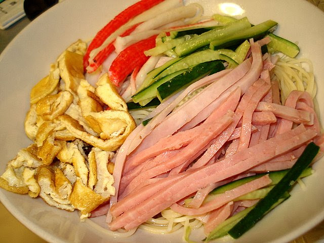 Hiyashi chuka (cold Chinese noodles) using angel hair spaghetti