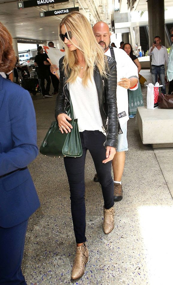 Le Fashion: Airport Look: Rosie Huntington-Whiteley | Leather Jacket ...