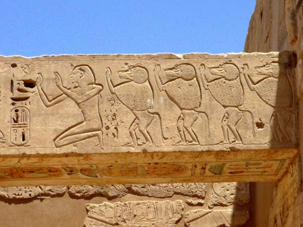 This relief from the mortuary                  temple of Ramesses III shows the king worshipping                  alongside sacred baboons. Medinet Habu, Theban                  Necropolis. (Photo: CC by SA 3.0 / Rémih)