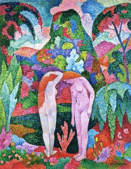 Jean Metzinger, 1905–06, Baigneuses, Deux nus dans un jardin exotique (Two Nudes in an Exotic Landscape), oil on canvas, 116 x 88.8 cm. Carmen Cervera Thyssen-Bornemisza Collection Jean Metzinger, 1905–06, Baigneuses, Deux nus dans un jardin exotique (Two Nudes in an Exotic Landscape), oil on canvas, 116 x 88.8 cm. Carmen Cervera Thyssen-Bornemisza Collection