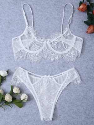 Underwire Sheer Lace Bra And Panty - White M