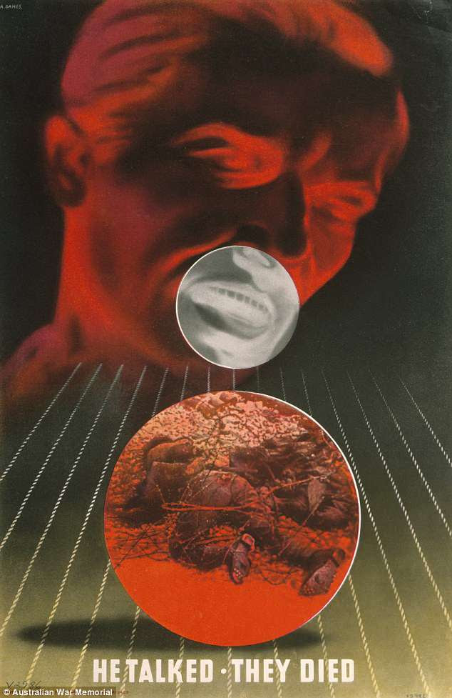 Another example of a poster designed to warn about the consequences of careless talk. This British World War II example by acclaimed graphic designer Abram Games depicts a man's head with his mouth circled as soldiers lie dead below - a result of the man's carelessness