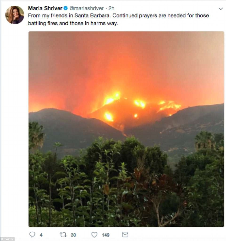 Maria Shriver shared a photo to Twitter of the blaze with the caption: 'From my friends in Santa Barbara. Continued prayers are needed for those battling fires and those in harms way'