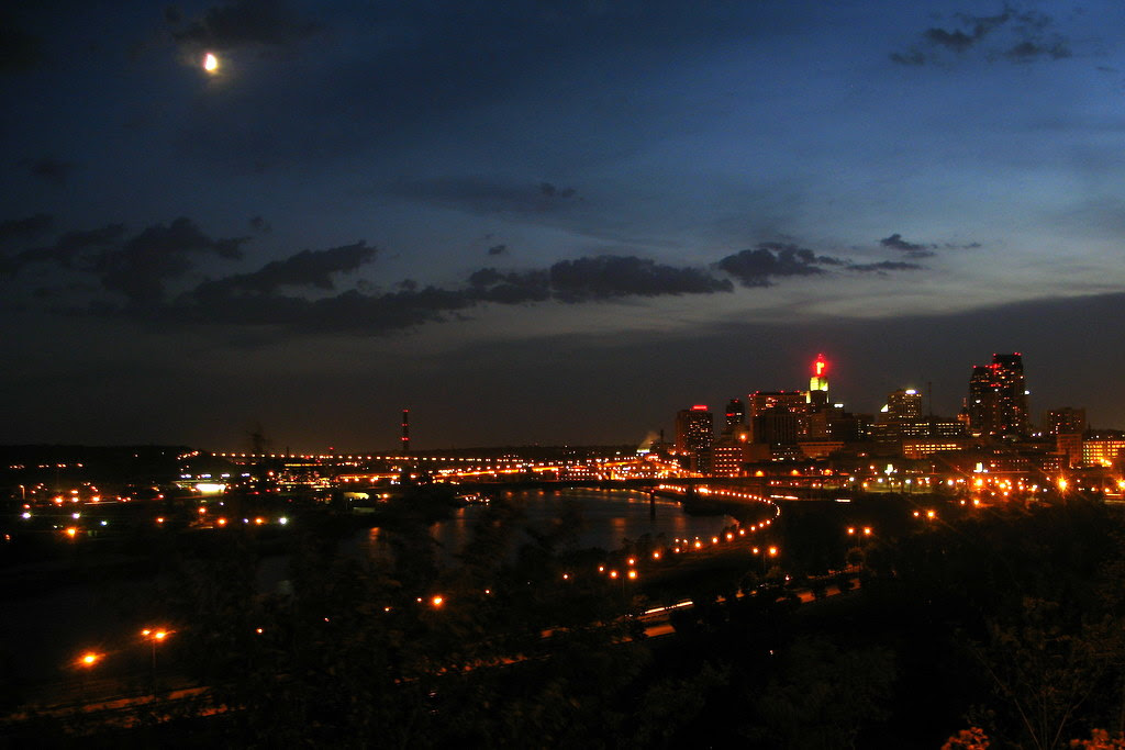 Night time view of downtown St Paul skyline from Mounds Park