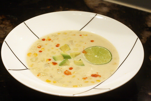 corn chowder with avocado and lime