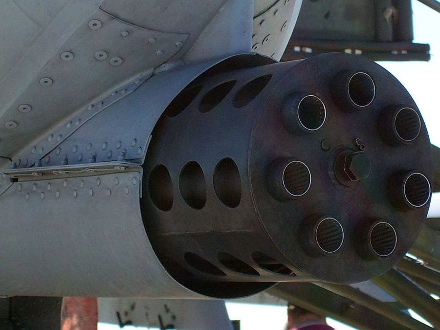 This is the GAU-8 Avenger Gatling gun, the cannon on the nose of the plane