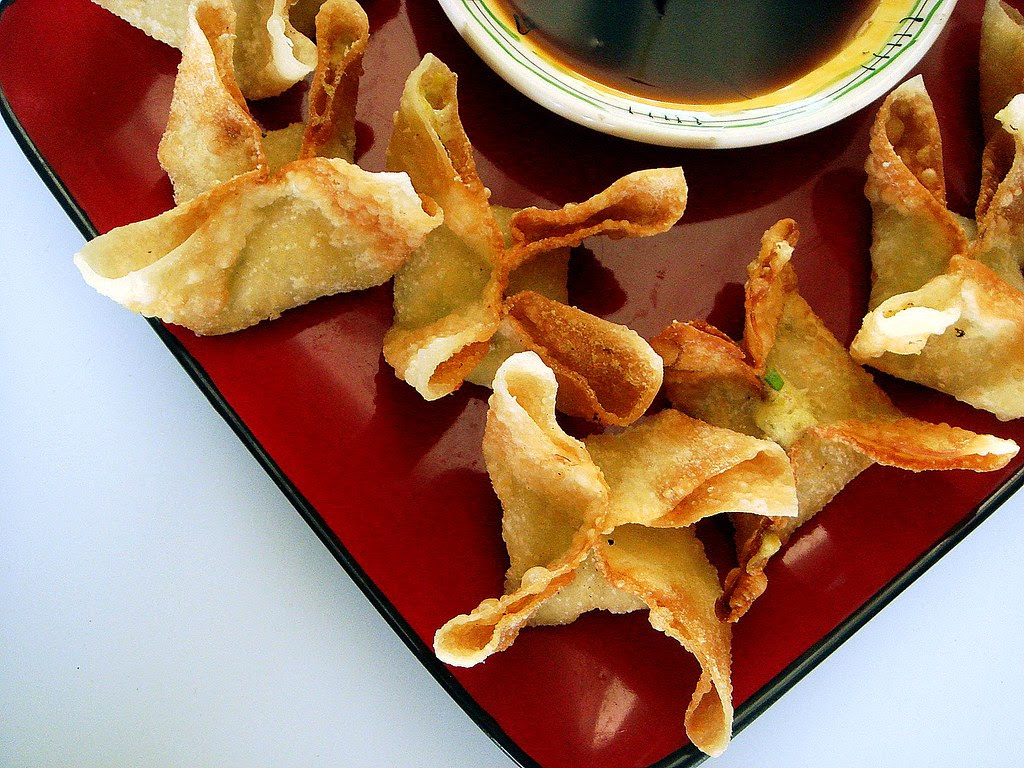 split pea crab rangoon with sticky ginger-garlic dipping sauce