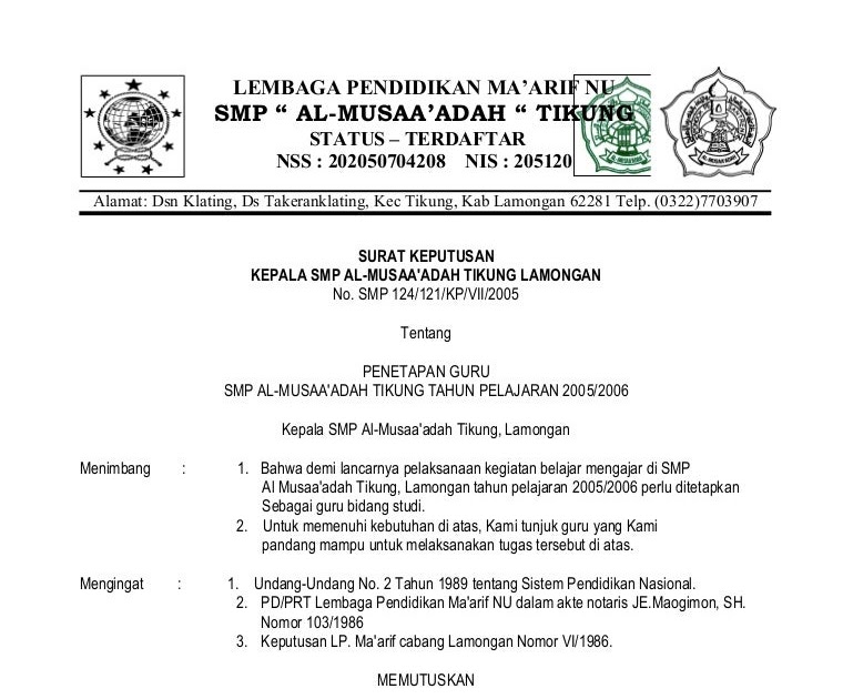 Contoh Nomor Sk Pengangkatan Guru Paud