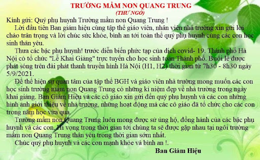 Thư ngỏ kính gửi quý phụ huynh học sinh Trường mầm non Quang Trung