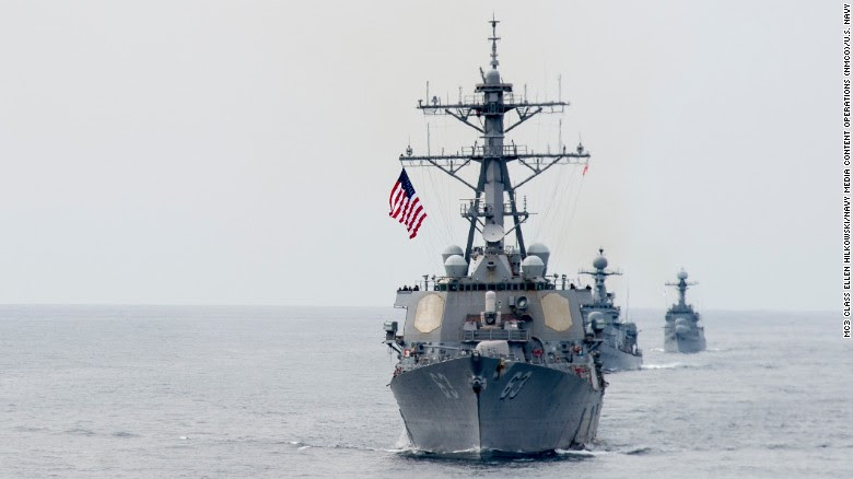 The Aegis-equipped guided-missile destroyer USS Stethem sails in formation as part of an exercise off South Korea in 2016.