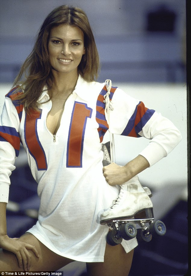 Roller girl: Actress Raquel Welch in roller derby uniform during filming of The Kansas City Bomber, 1972