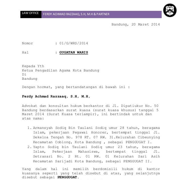 Contoh Surat Gugatan Waris Pengadilan Agama Contoh Surat