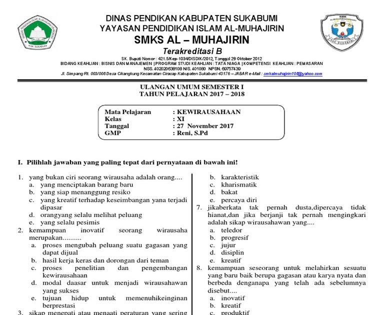 Soal Dan Jawaban Kewirausahaan Kelas 11 Semester 2 - Menjawab Soal