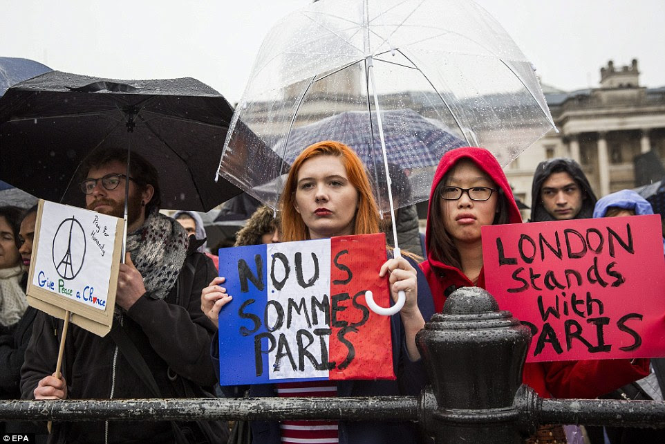 Around 150 people gathered in Trafalgar Square in central London today as they showed support to the French following the string of terror attacks carried out in Paris last night, in which 129 innocent people were killed