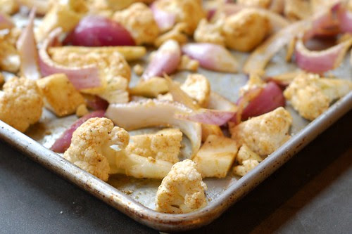 Roasted, curried cauliflower about to go into the oven by Eve Fox, Garden of Eating blog, copyright 2011