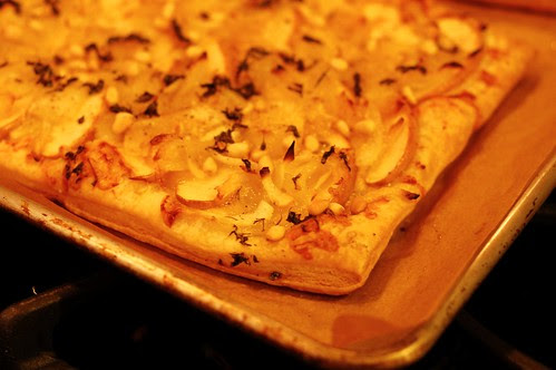 Apple cheddar tart with caramelized onions and pine nuts by Eve Fox, Garden of Eating blog, copyright 2012