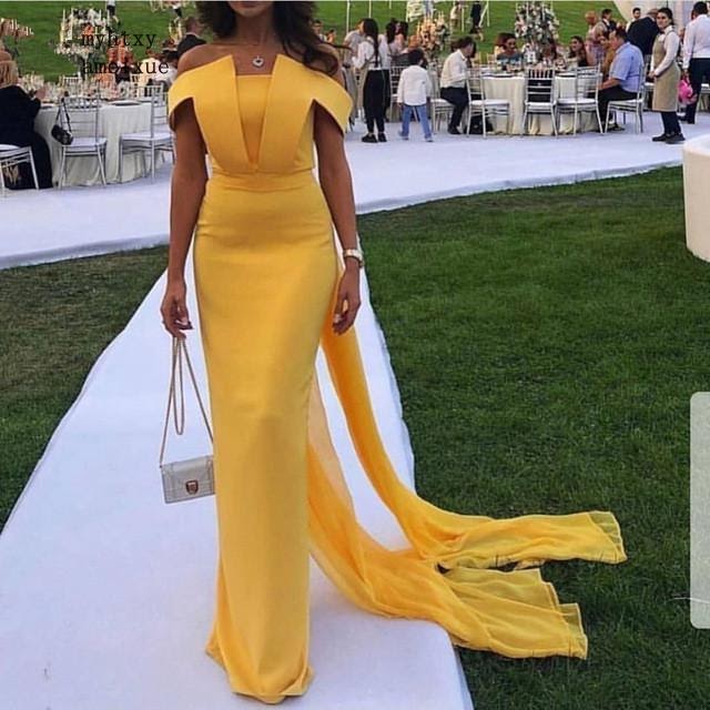 Review Dubai Saudi Arabic Cheap Sexy Evening Dresses Abendkleider 2020 Yellow Sheath Gowns Off The Shoulder Formal Dress Robe De Soiree