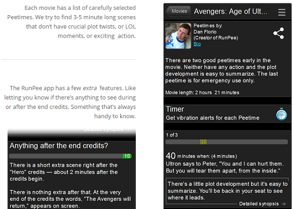 RunPee tells you the best time to pee while watching a movie.