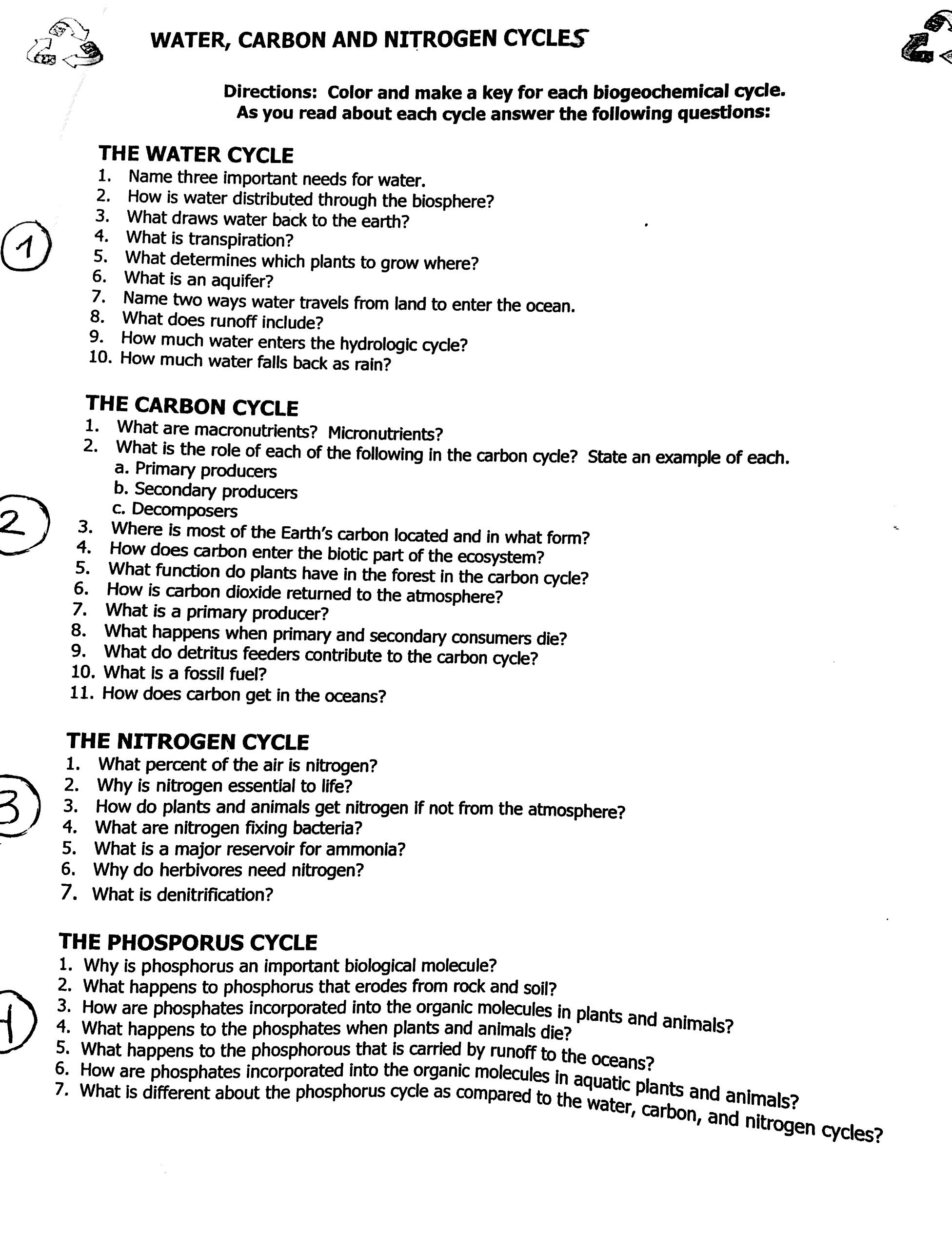 water carbon and nitrogen cycle worksheet color sheet  #11DEGREE Regarding Nitrogen Cycle Worksheet Answer Key