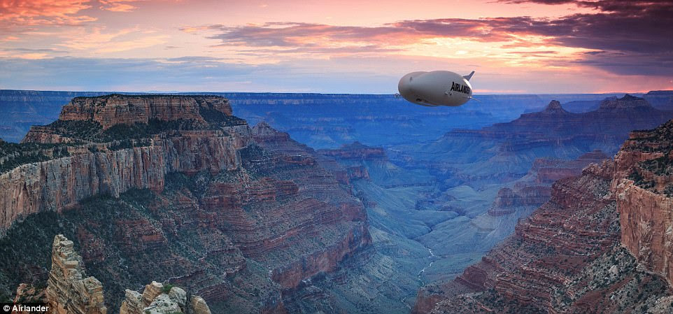 The 20-tonne Airlander 10 is set to be tested by luxury travel firm Henry Cookson Adventures next year, and will be fitted with a luxury interior meaning it can stay aloft for weeks at a time. Pictured, the craft over the Grand Canyon
