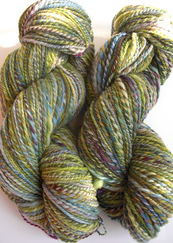 2 skeins Rambouillet yarn, total ~ 466yds, 8-10 WPI, 2-ply-4