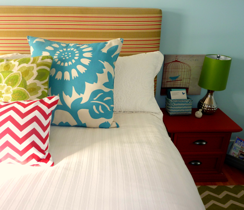 Colorful Master Bedroom with DIY Upholstered headboard at thehappyhousie 1