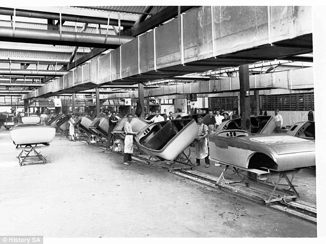 Men are seen here working at the Holden motor body works factory in Woodville in 1928