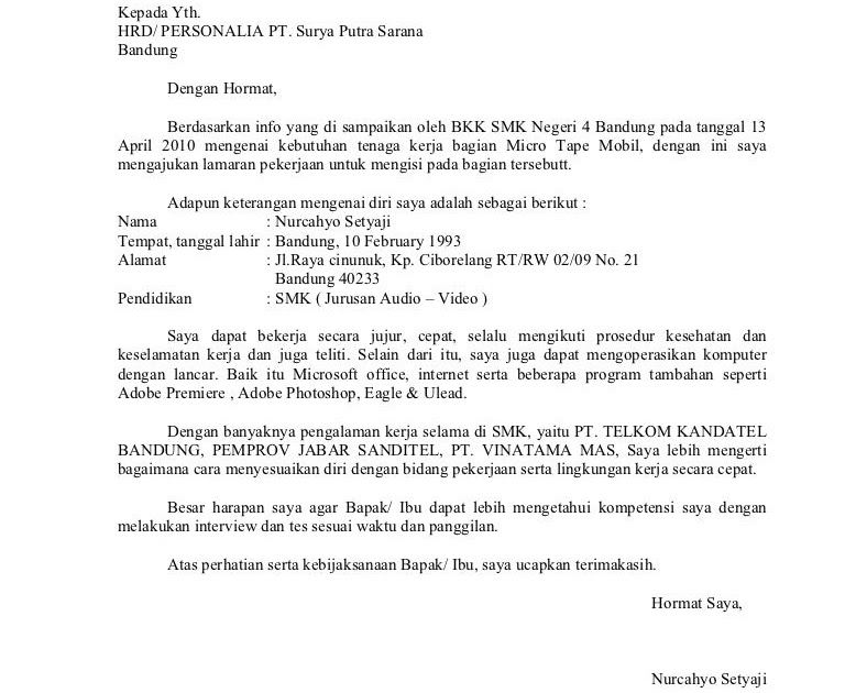 Contoh Surat Lamaran Kerja Ke Pt Indofood