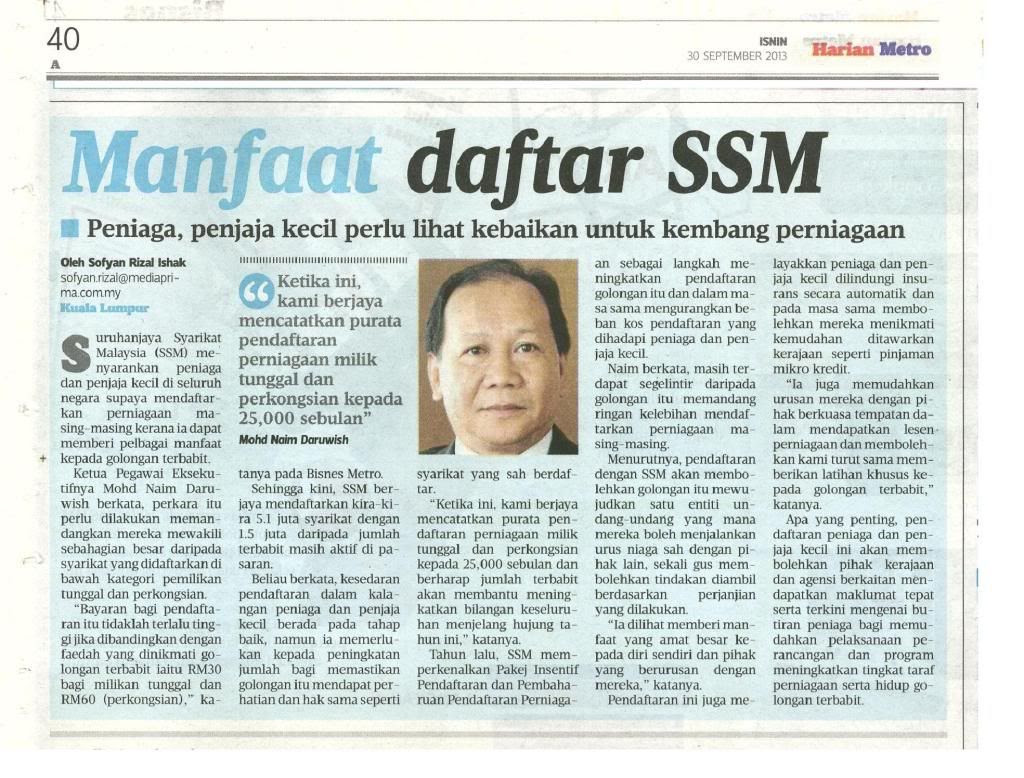 Pengalaman mendaftar syarikat perniagaan photo Harian Metro 30 September 2013, Keratan Akhbar ini ada rakan whatsapp kepada saya tahun lepas. Berguna juga untuk entri Pengalaman Mendaftar Syarikat Perniagaan ini :)