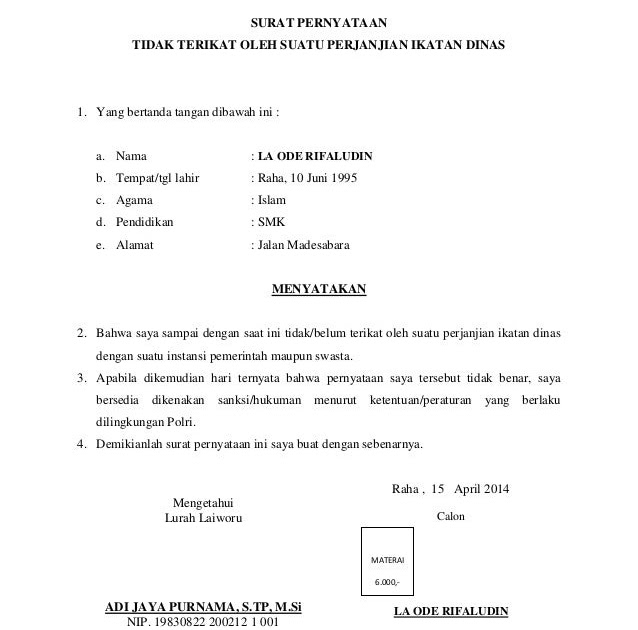 Contoh Surat Pernyataan Ikatan Dinas Contoh Surat