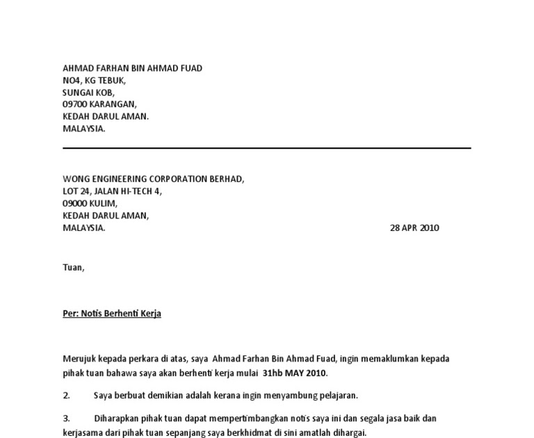 Contoh Surat Rasmi Contoh Surat Berhenti Kerja Serta Merta