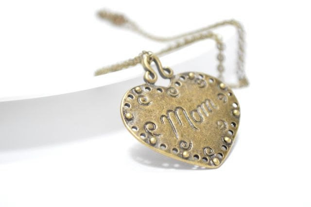 Mothers Day Gift, Mom Heart Charm Pendant Necklace, Antiqued Brasss Big Statement Bold Jewelry Gift For Her - CCARIA Mothers Day Gift, Mom Heart Charm Pendant Necklace, Antiqued Brasss Big Statement Bold Jewelry Gift For Her - CCARIA