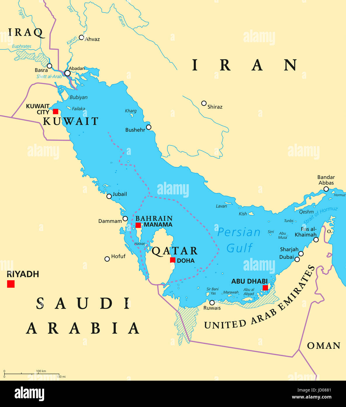 Persian Gulf region countries political map. Iran, Iraq, Kuwait Stock Photo 145679969 Alamy