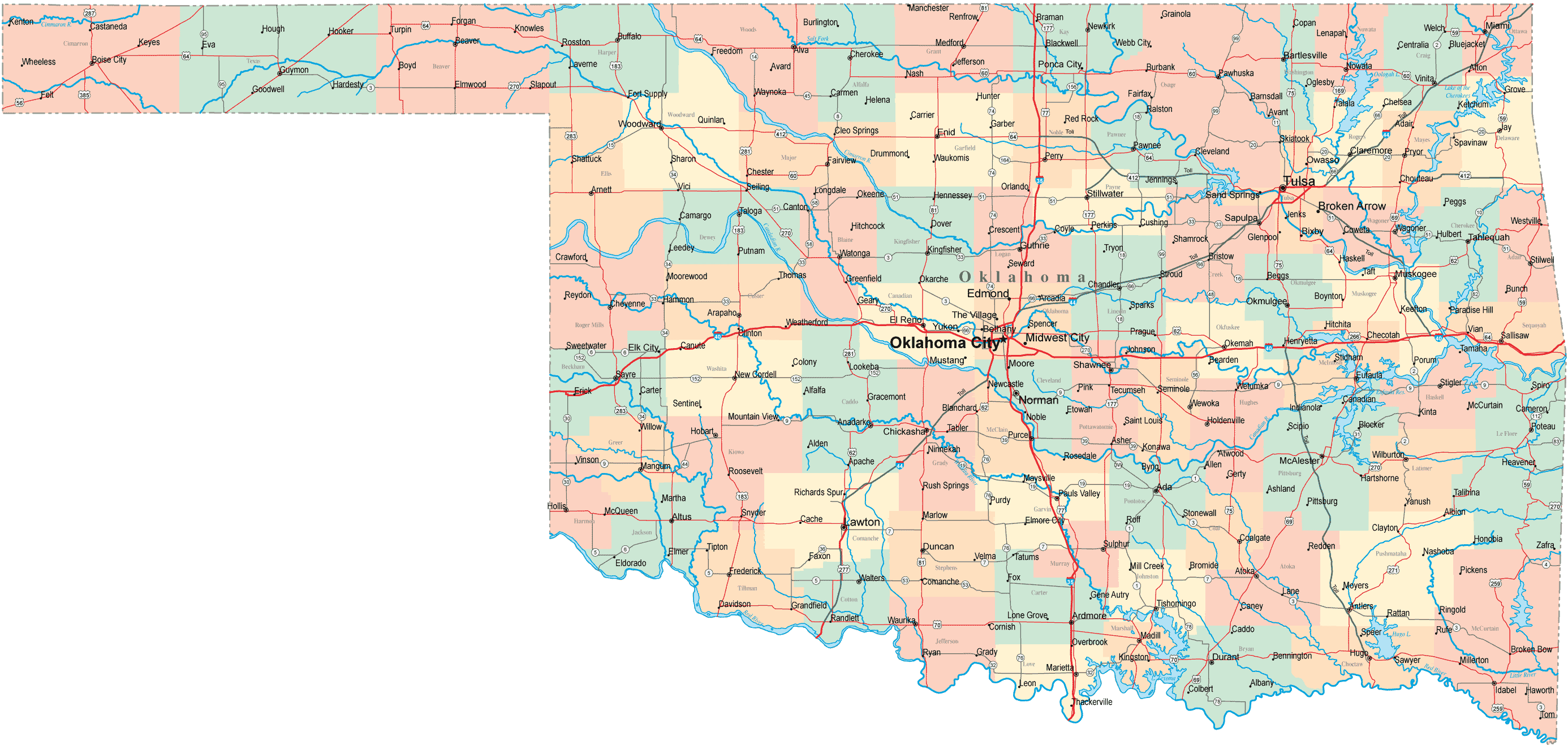 Map Of Cities Counties In Oklahoma Free Printable Maps