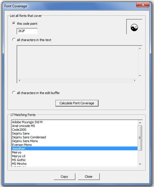 Screenshot of BabelMap's "Font Coverage" utility