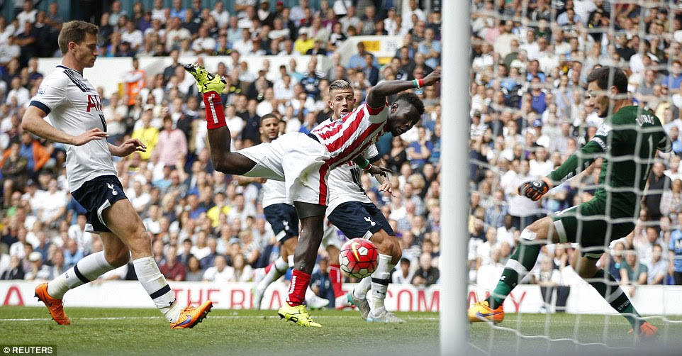 Mame Biram Diouf gets the faintest of touches on Stephen Ireland's cross to glance a header past Hugo Lloris to earn a point for Stoke