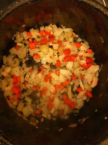 Vegetables (save the mushrooms) cooking