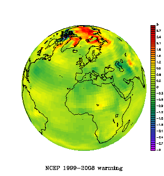 Mean temperature difference between the periods 2004-2008 and 1999-2003