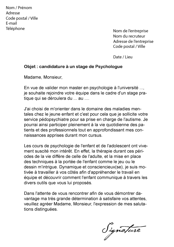 Lettre De Motivation Stage Psychologue En Psychiatrie  Exemple de Lettre