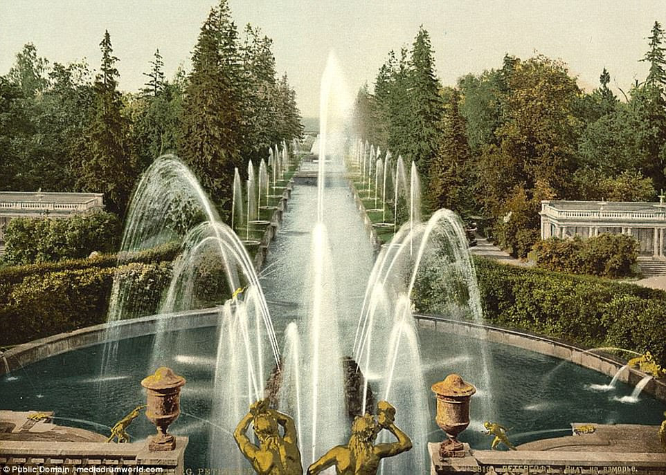 The elaborate fountains at Peterhof, looking towards the sea in St Petersburg are shown in the intriguing set of images, which give an insight into life in Russia before the 1917 revolution