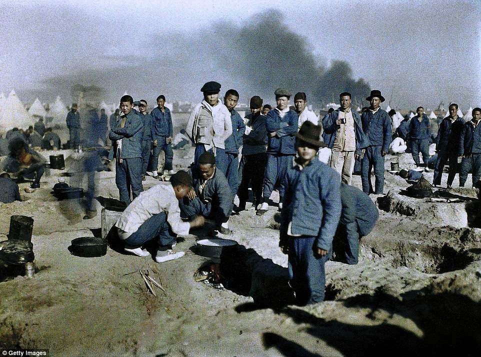 A camp of workers from the British Chinese Labour Corps recruited to participate in the Middle East campaign photographed in 1917