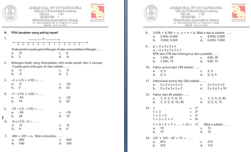  Latihan  soal  Ulangan Umum Matematika Semester 1  untuk 