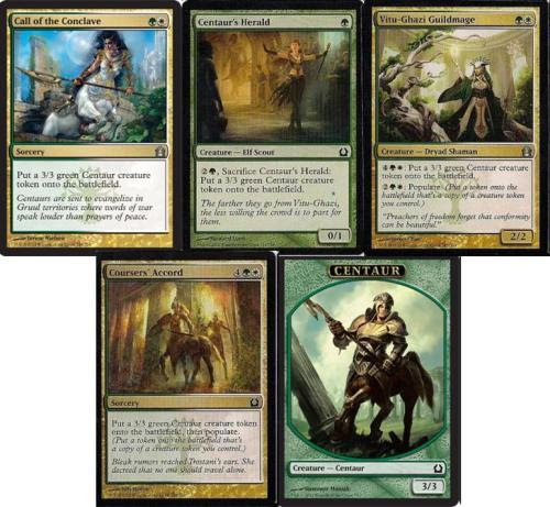 Return to Ravnica - Magic the Gathering token generators -3/3 green Centaur Critter Tokens :• Call of the Conclave• Centaur’s Herald• Coursers’ Accord• Vitu-Ghazi GuildmageAll of the other tokens and their generators HERE.